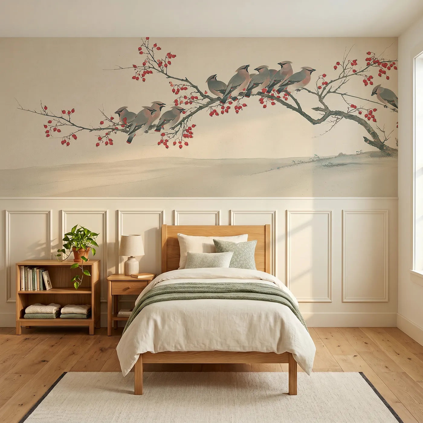 Chinoiserie wainscoting wallpaper of the hawthorn and the waxwings by Whimsy Tots