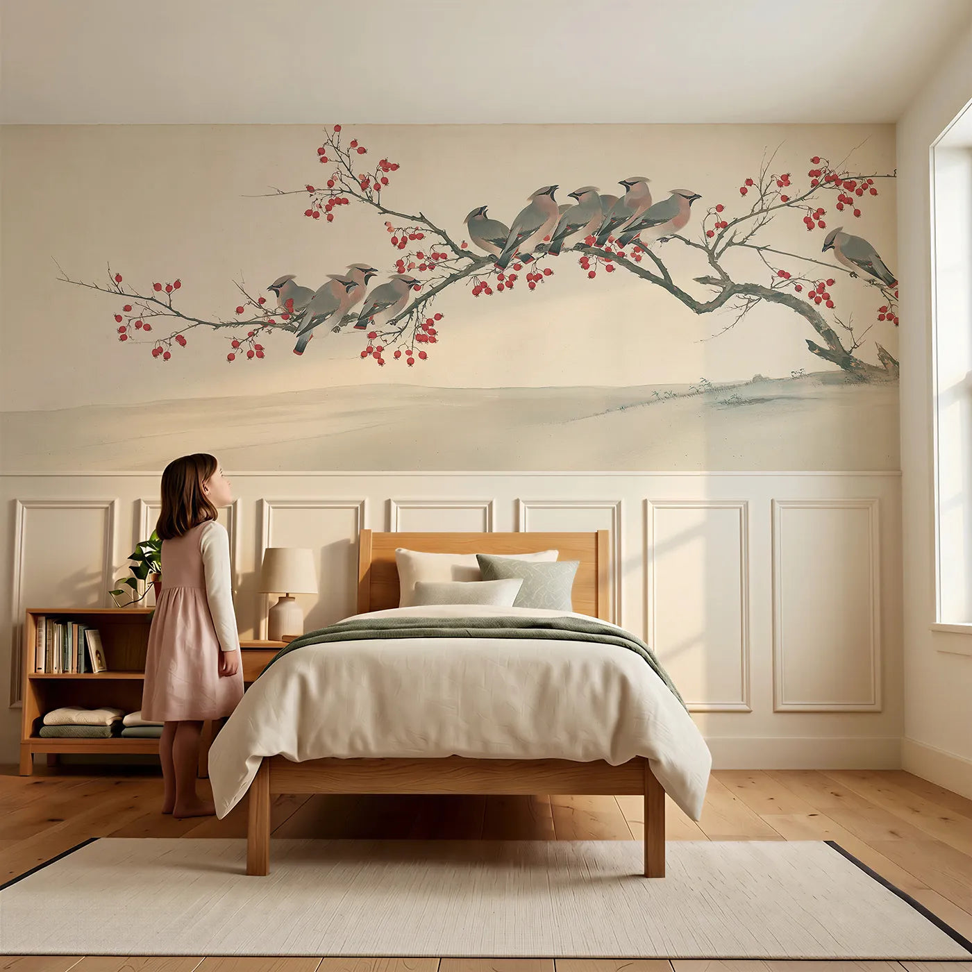 Child reading near The Hawthorn And The Waxwings Wainscoting Wallpaper by Whimsy Tots