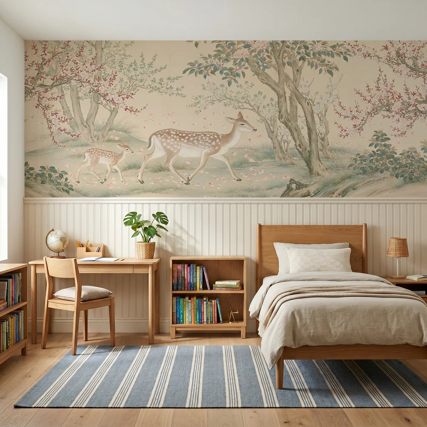 Chinoiserie wainscoting wallpaper of a deer and fawn under plum blossom by Whimsy Tots