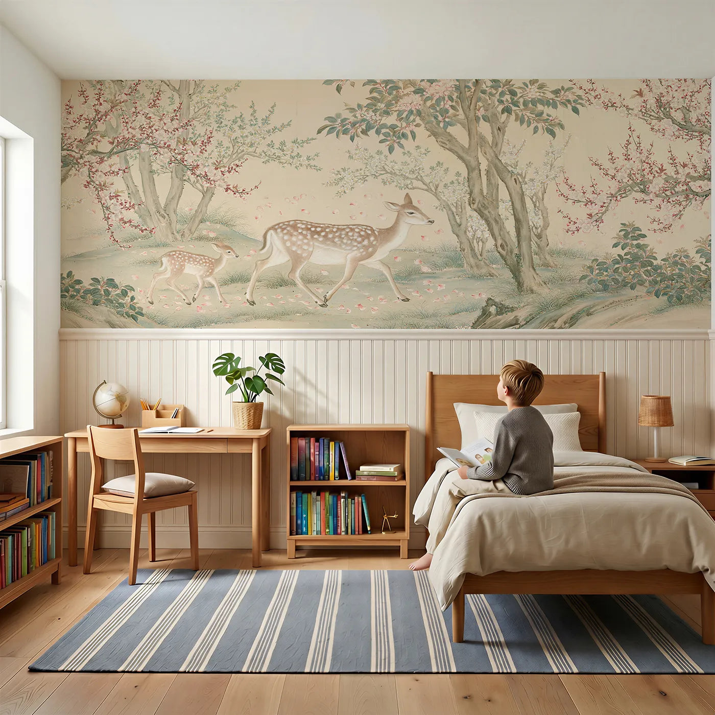 Child reading near The Deer Blossom Orchard Wainscoting Wallpaper by Whimsy Tots