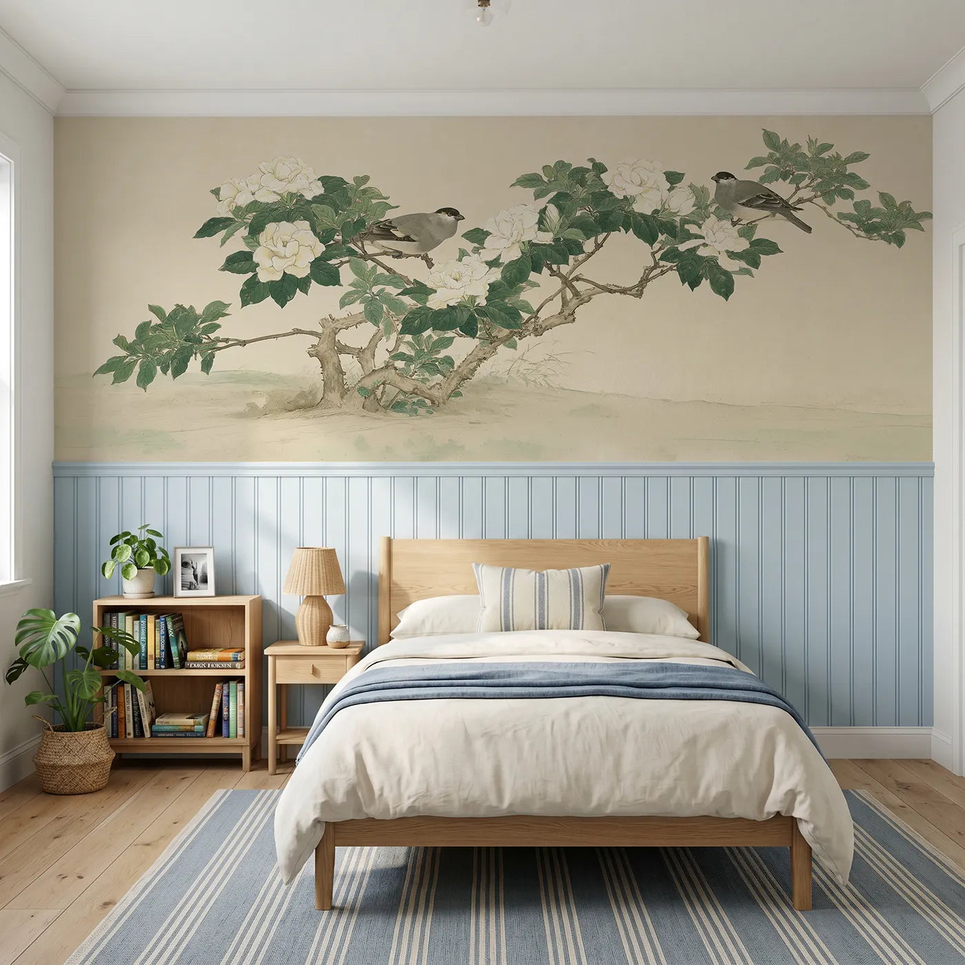 Chinoiserie wainscoting wallpaper of the gardenia and the thrushes by Whimsy Tots
