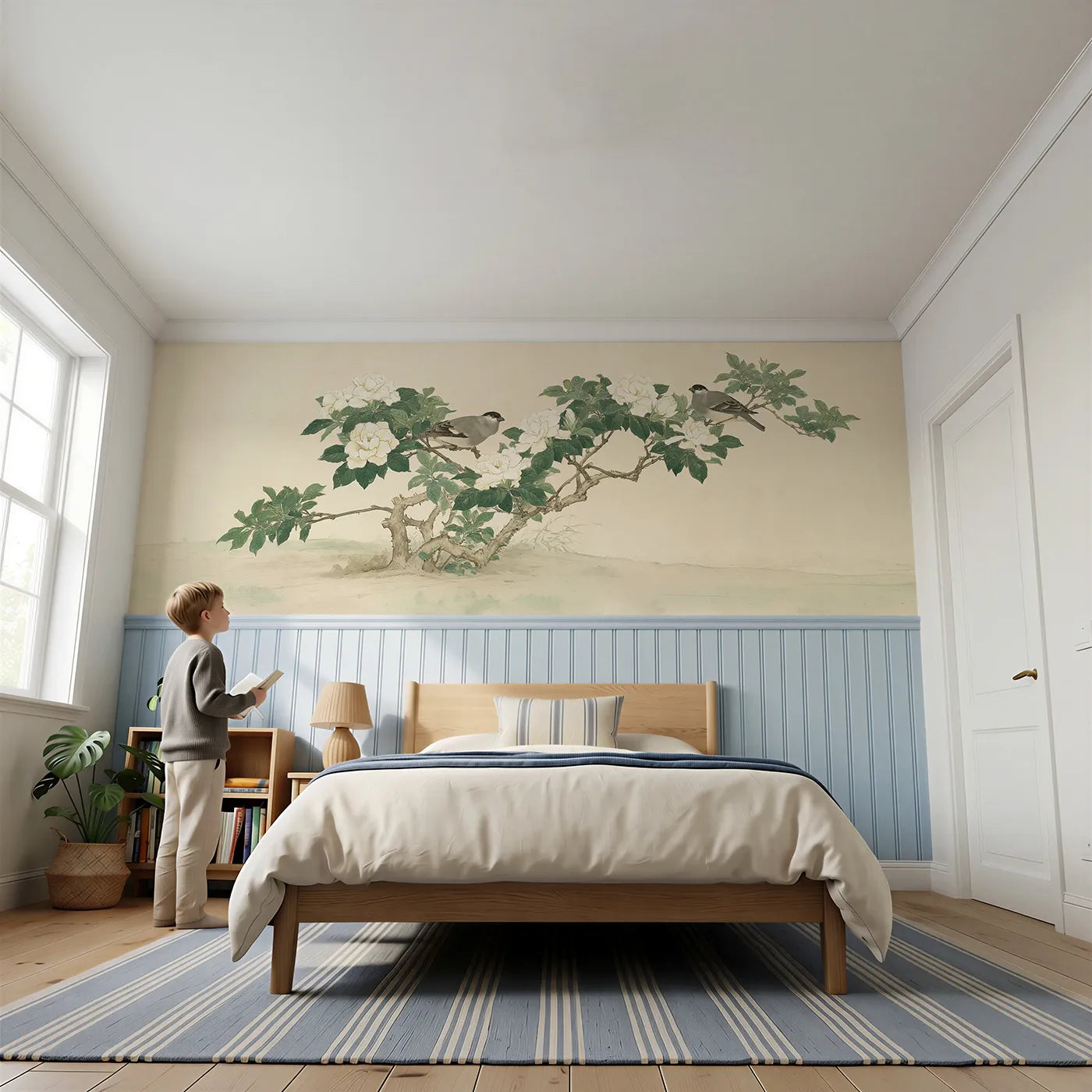 Child reading near The Gardenia And The Thrushes Wainscoting Wallpaper by Whimsy Tots