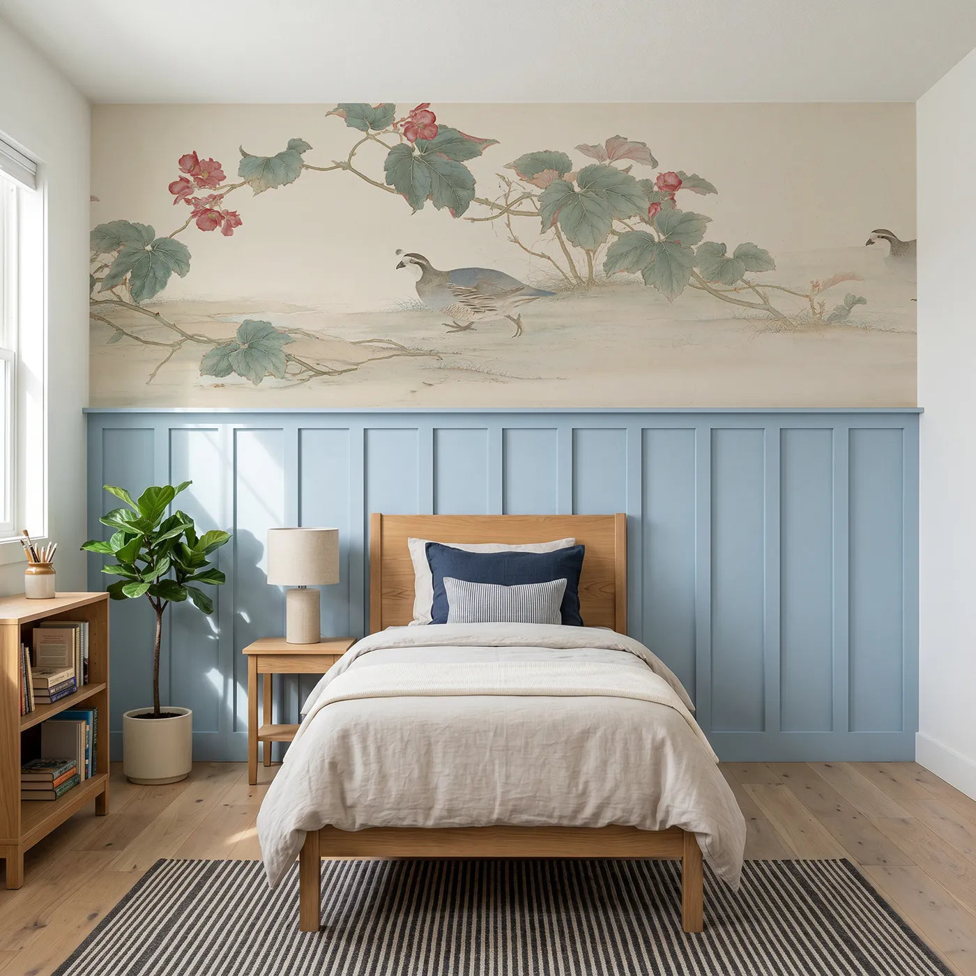 Chinoiserie wainscoting wallpaper of the begonia and the quail by Whimsy Tots