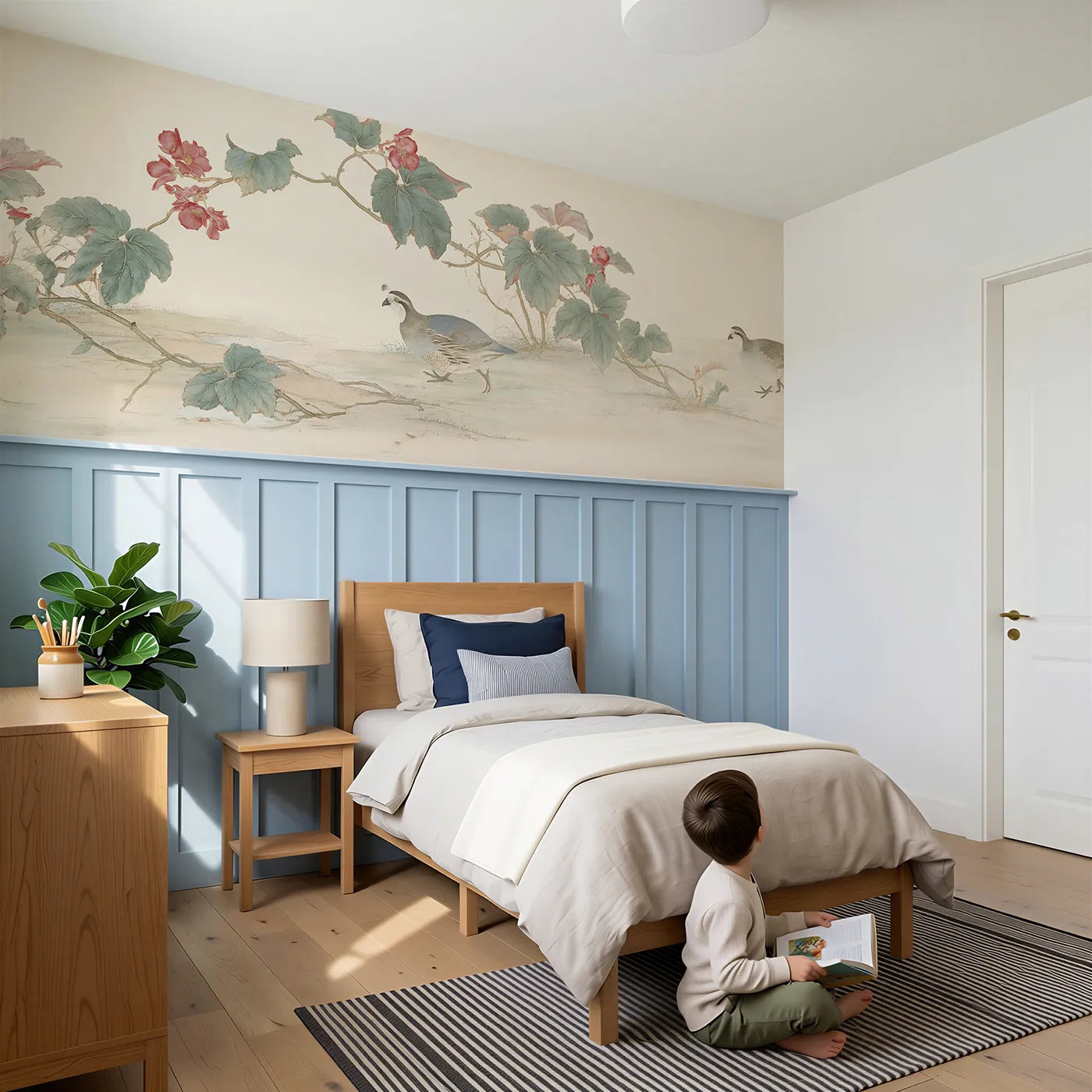 Child reading near The Begonia And The Quail Wainscoting Wallpaper by Whimsy Tots