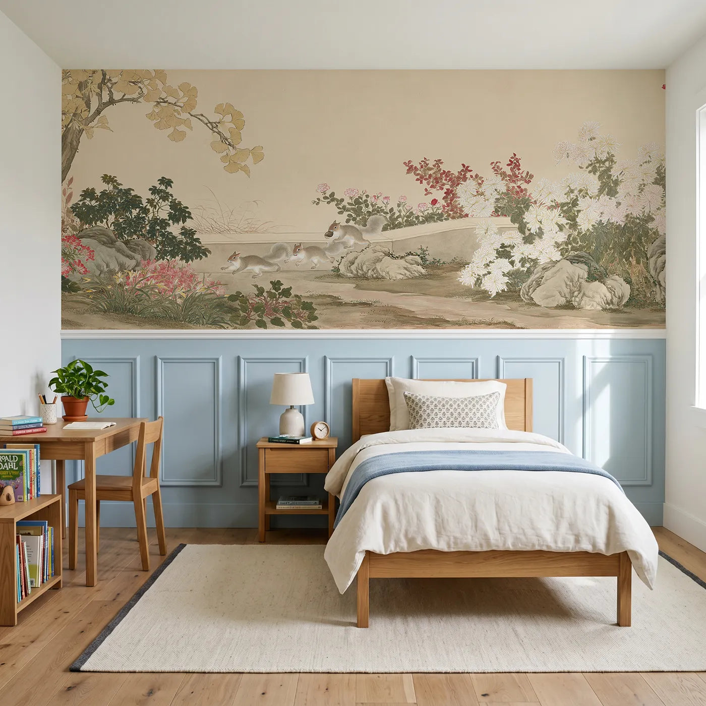 Chinoiserie wainscoting wallpaper of red squirrels racing under gold ginkgo by Whimsy Tots