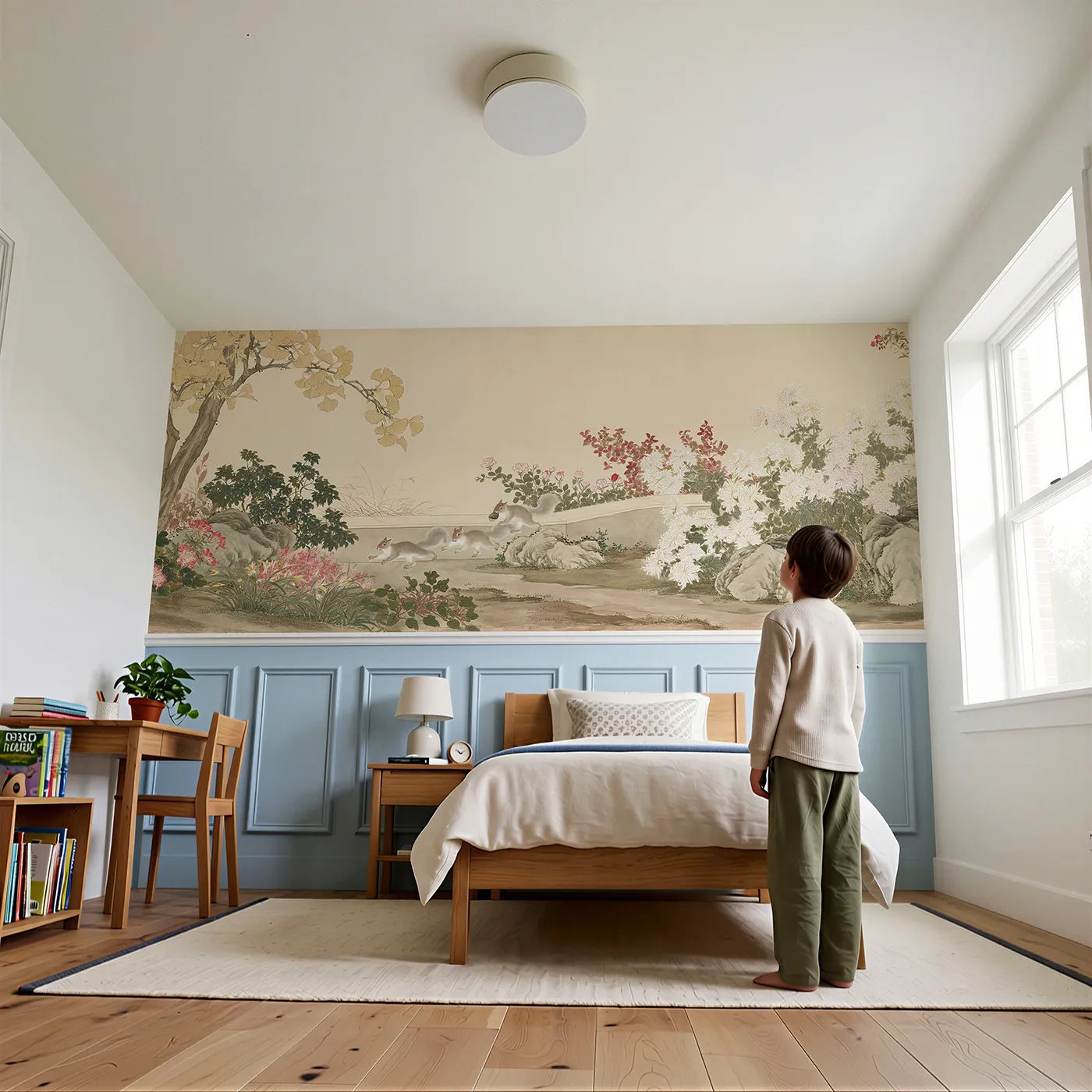 Child reading near The Squirrel Ginkgo Garden Wainscoting Wallpaper by Whimsy Tots