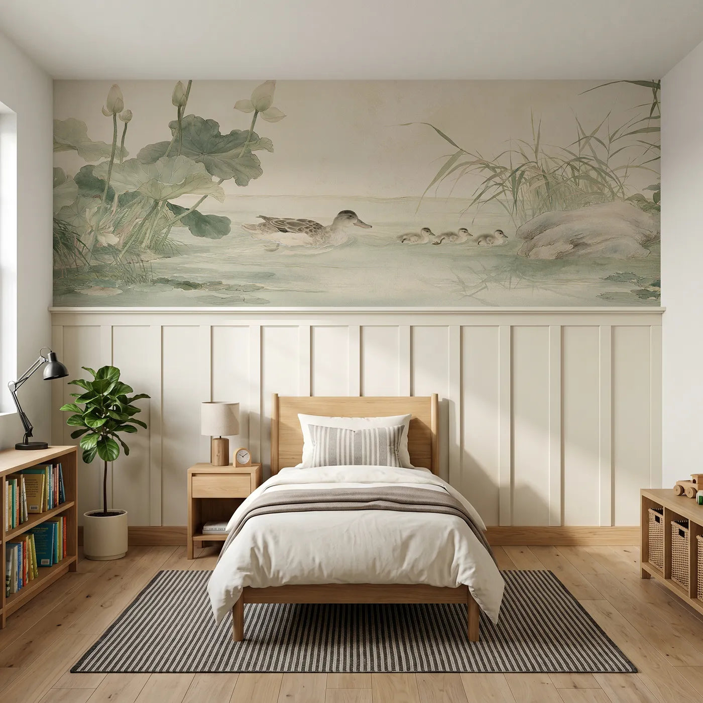 Chinoiserie wainscoting wallpaper of a duck leading four ducklings past lotus by Whimsy Tots