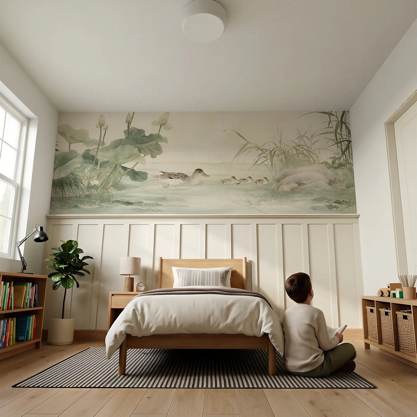 Child reading near The Duckling Lotus Pond Wainscoting Wallpaper by Whimsy Tots