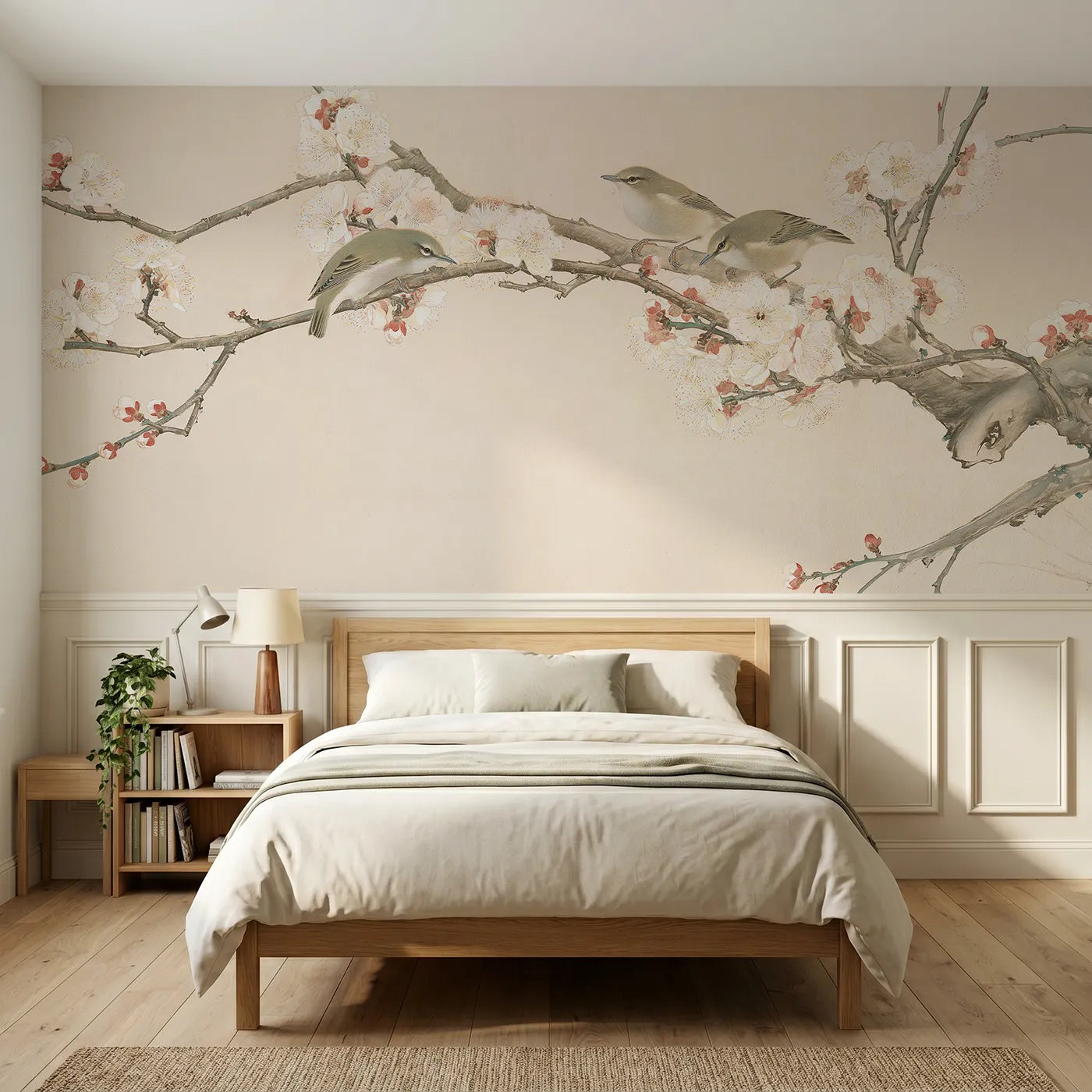 Chinoiserie wainscoting wallpaper of the apricot and the warblers by Whimsy Tots