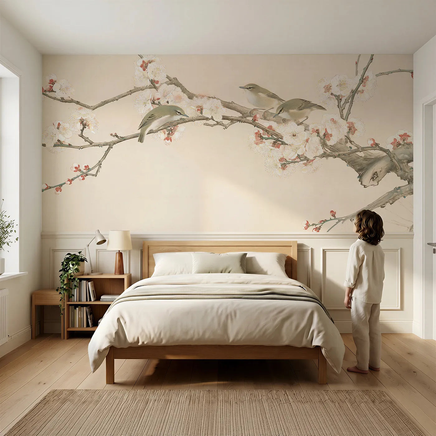 Child reading near The Apricot And The Warblers Wainscoting Wallpaper by Whimsy Tots