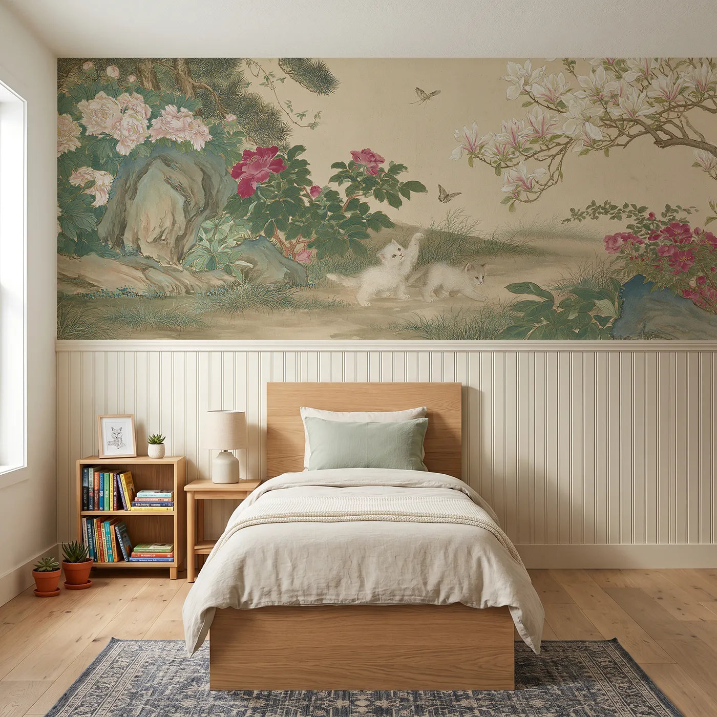 Chinoiserie wainscoting wallpaper of two kittens on a peony garden path by Whimsy Tots