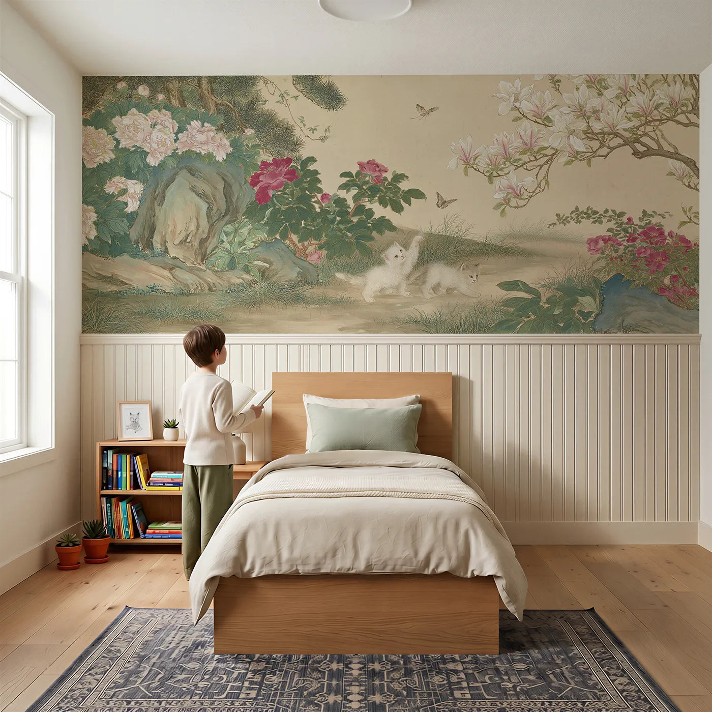 Child reading near The Kitten Peony Garden Wainscoting Wallpaper by Whimsy Tots