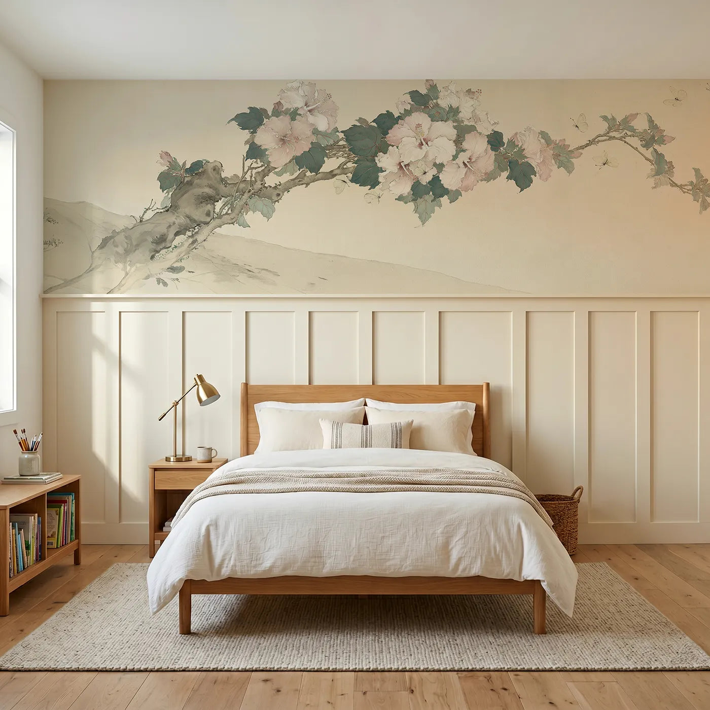 Chinoiserie wainscoting wallpaper of the hibiscus and the butterflies by Whimsy Tots