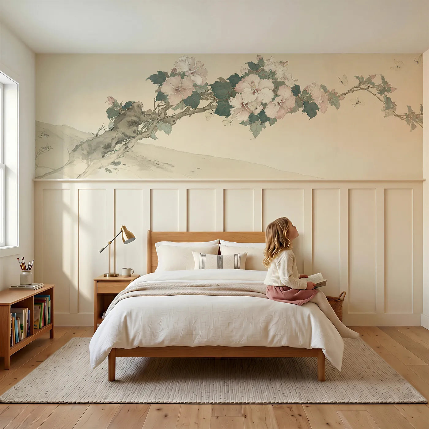 Child reading near The Hibiscus And The Butterflies Wainscoting Wallpaper by Whimsy Tots