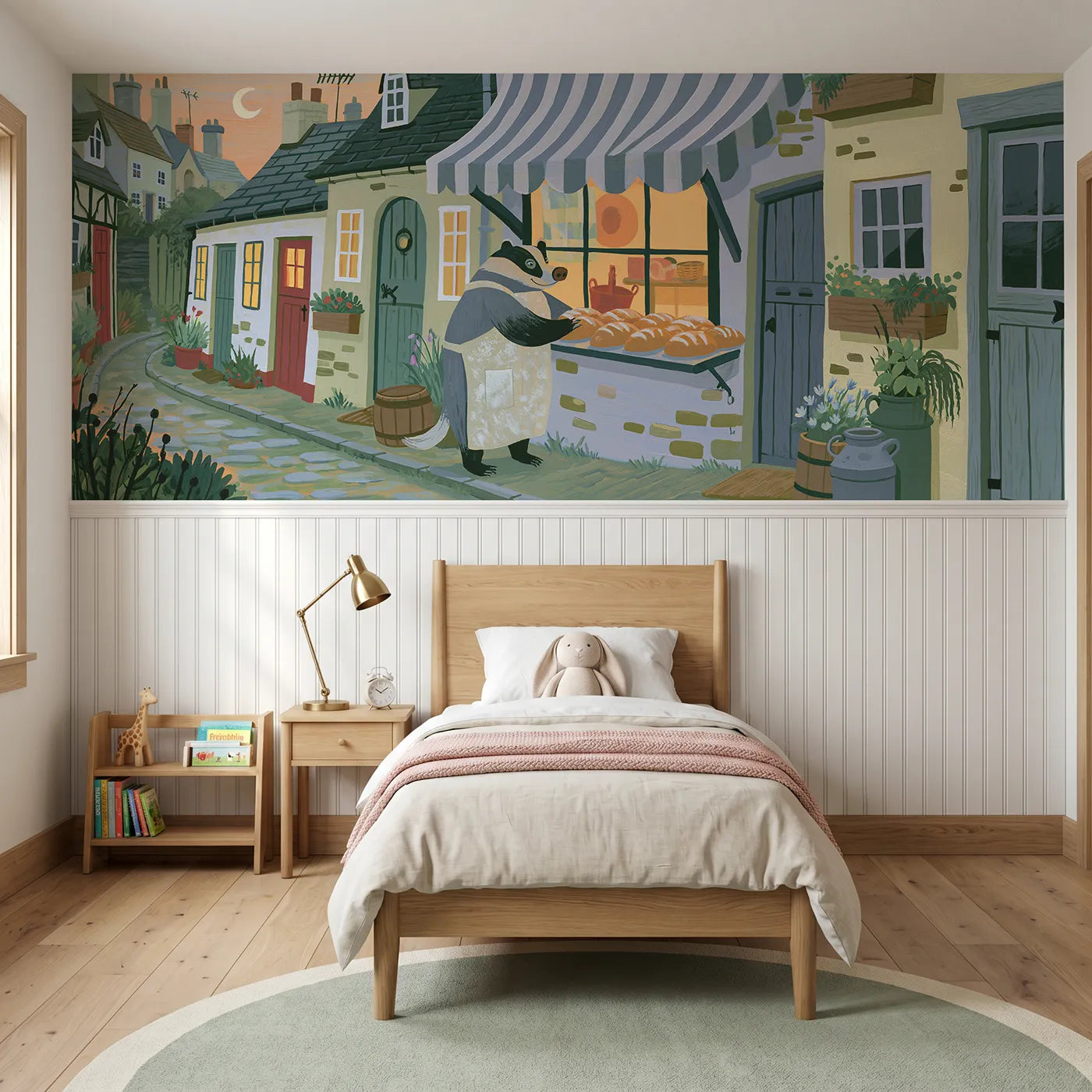 Modern illustration wainscoting wallpaper of the badger baker by Whimsy Tots