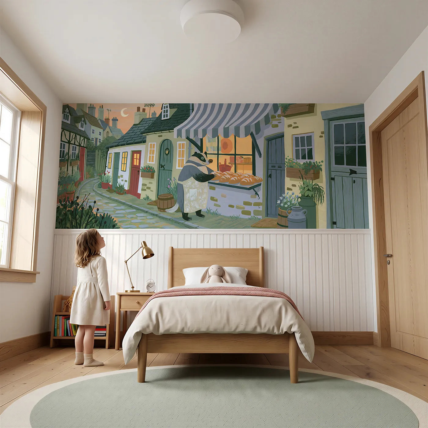 Child reading near The Badger Baker Wainscoting Wallpaper by Whimsy Tots