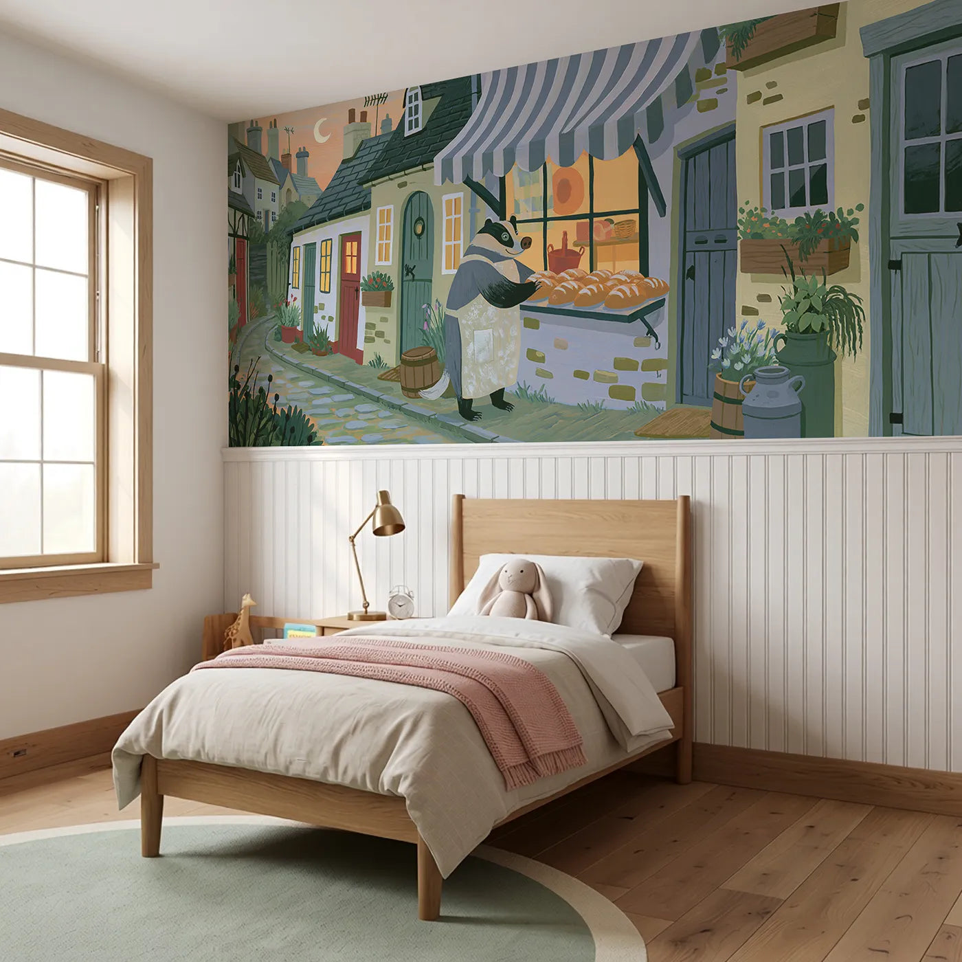 The Badger Baker Wainscoting Wallpaper styled in a kids room by Whimsy Tots