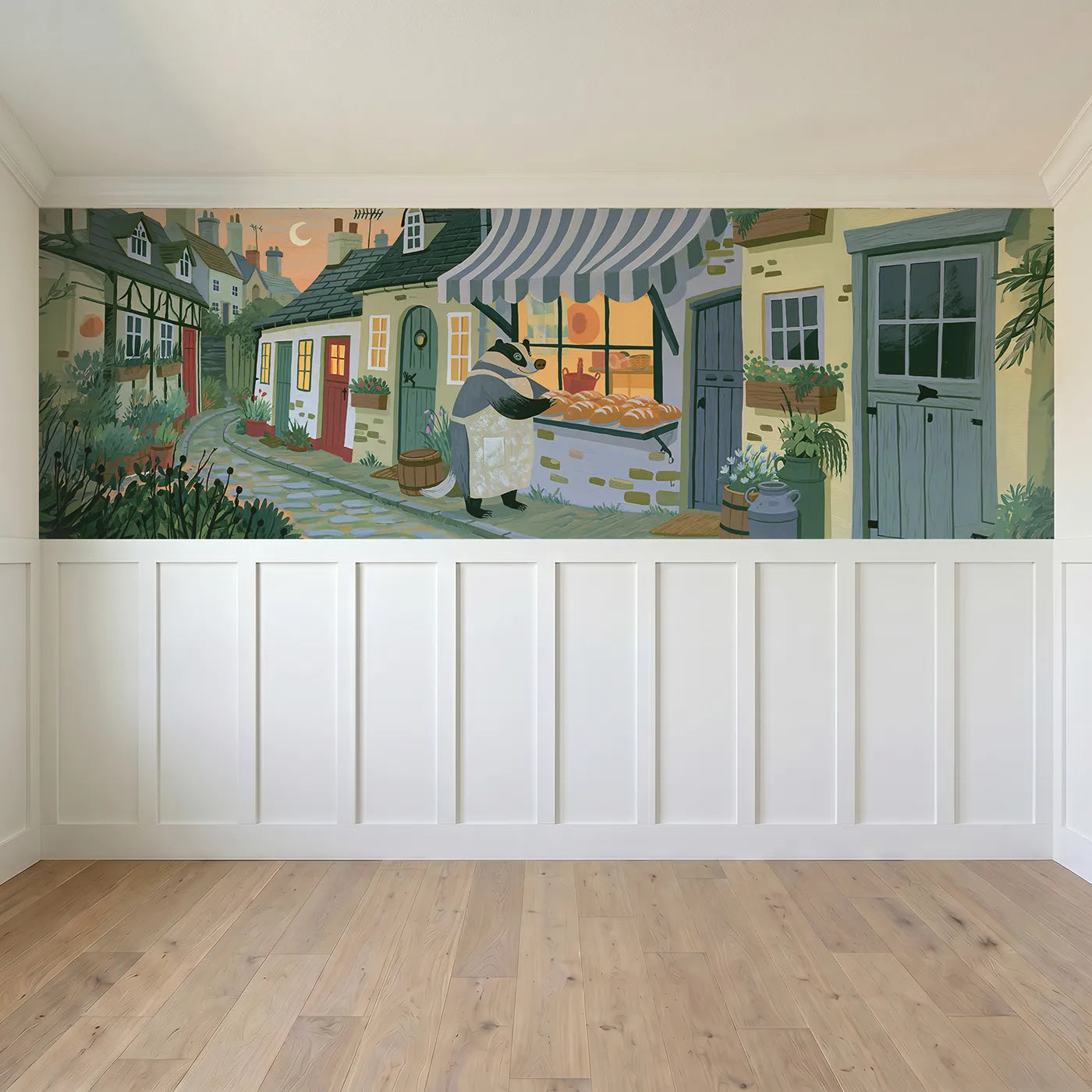 Full panel view of The Badger Baker Wainscoting Wallpaper by Whimsy Tots