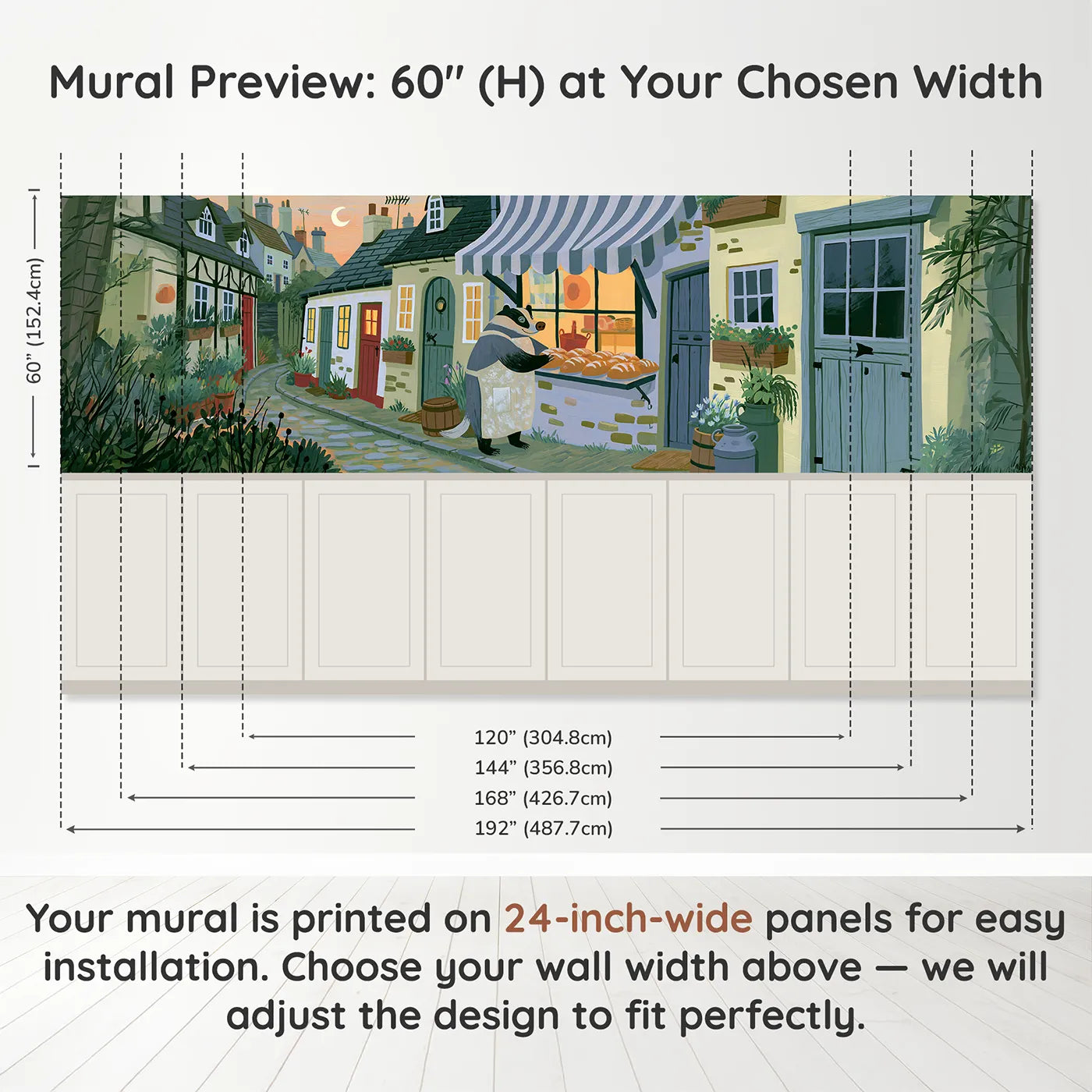 Panel dimensions for The Badger Baker Wainscoting Wallpaper by Whimsy Tots