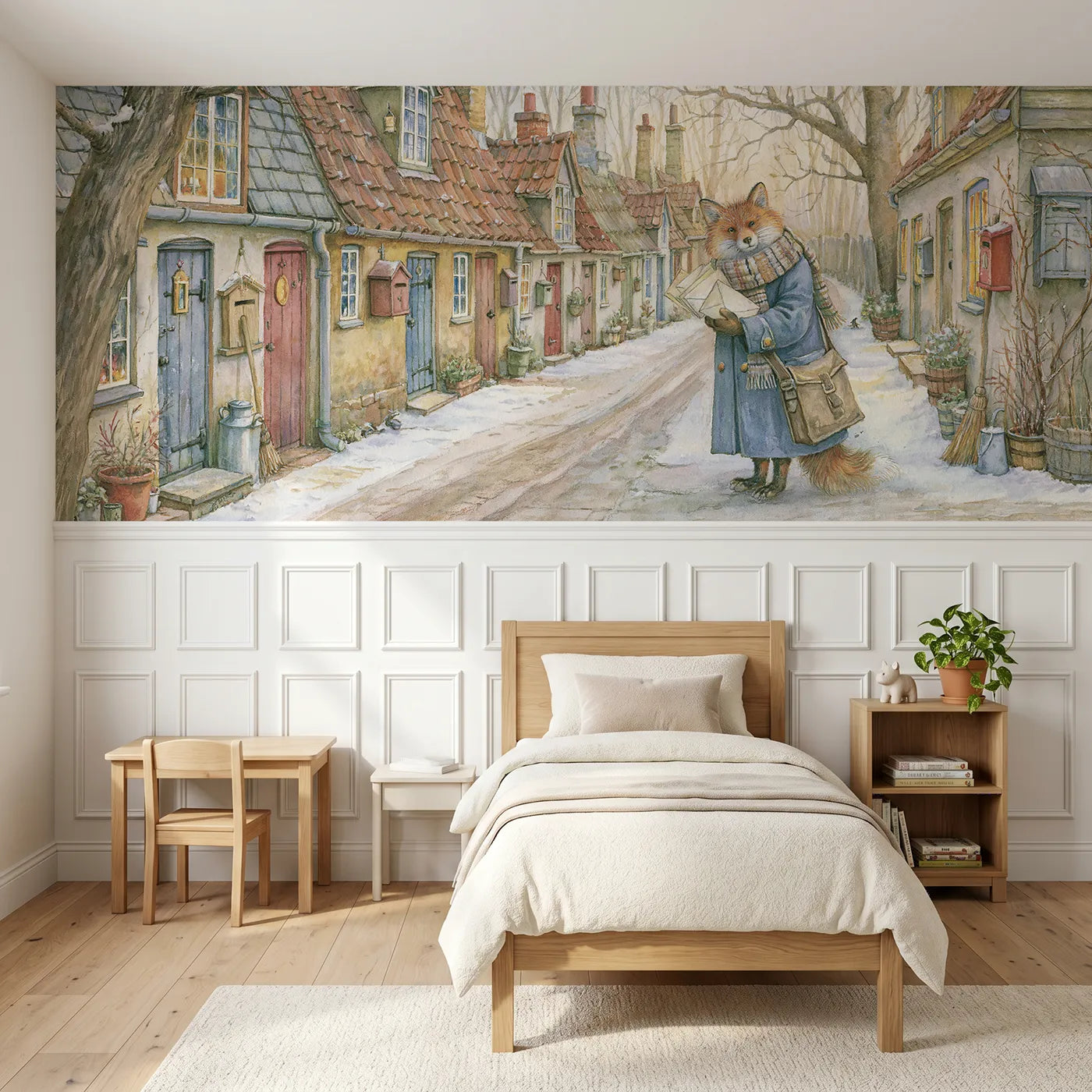 Storybook wainscoting wallpaper of the fox postman by Whimsy Tots