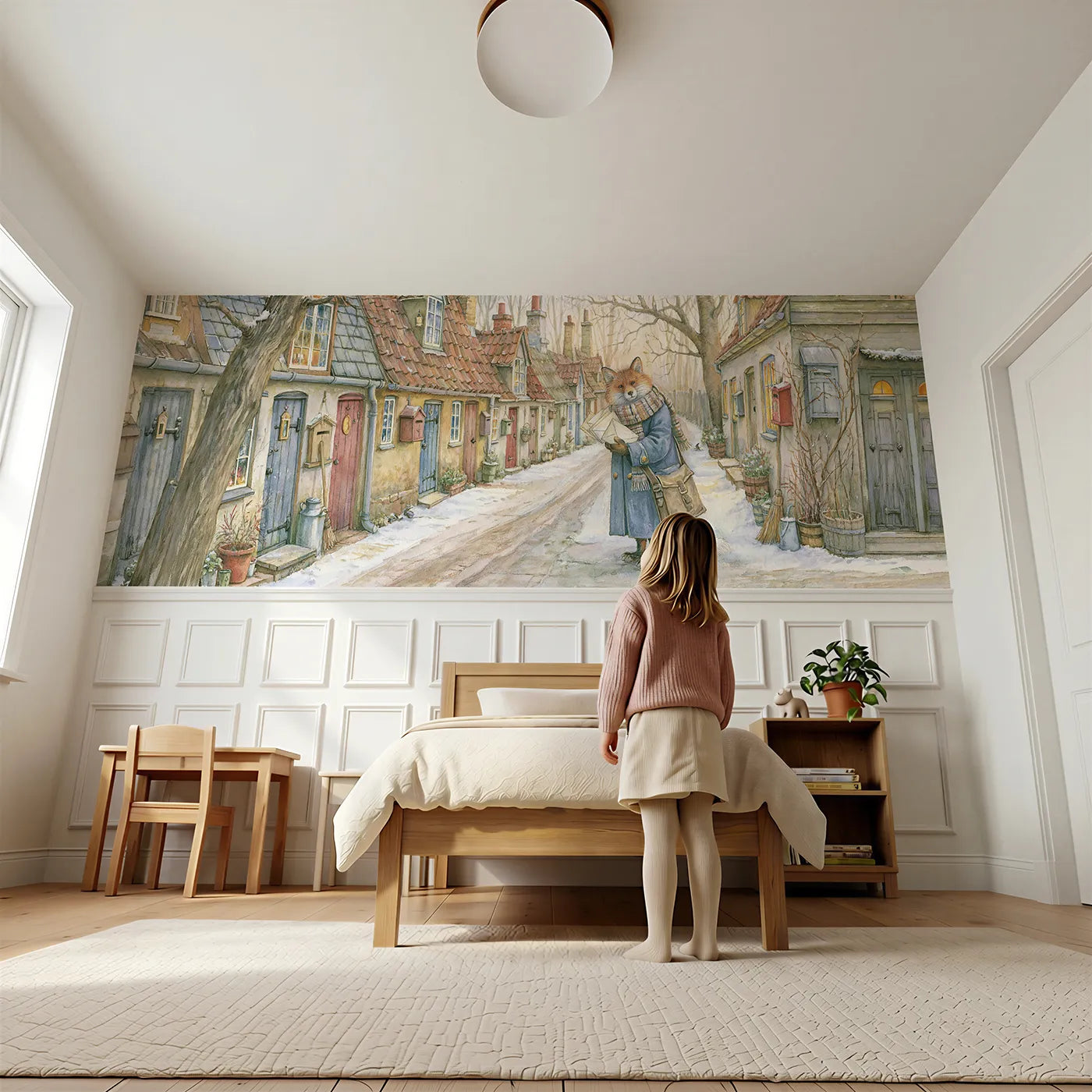 Child reading near The Fox Postman Wainscoting Wallpaper by Whimsy Tots