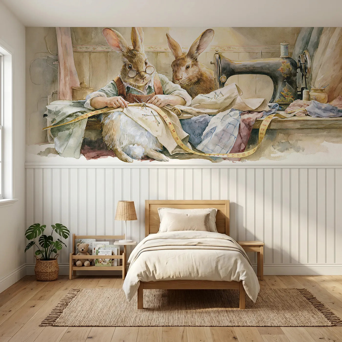 Watercolor wainscoting wallpaper of the rabbit tailor by Whimsy Tots