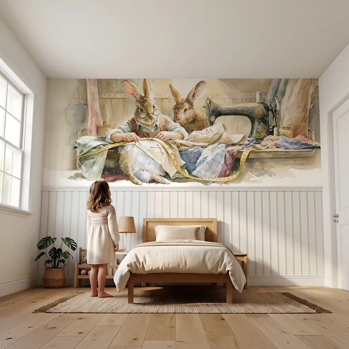 Child reading near The Rabbit Tailor Wainscoting Wallpaper by Whimsy Tots