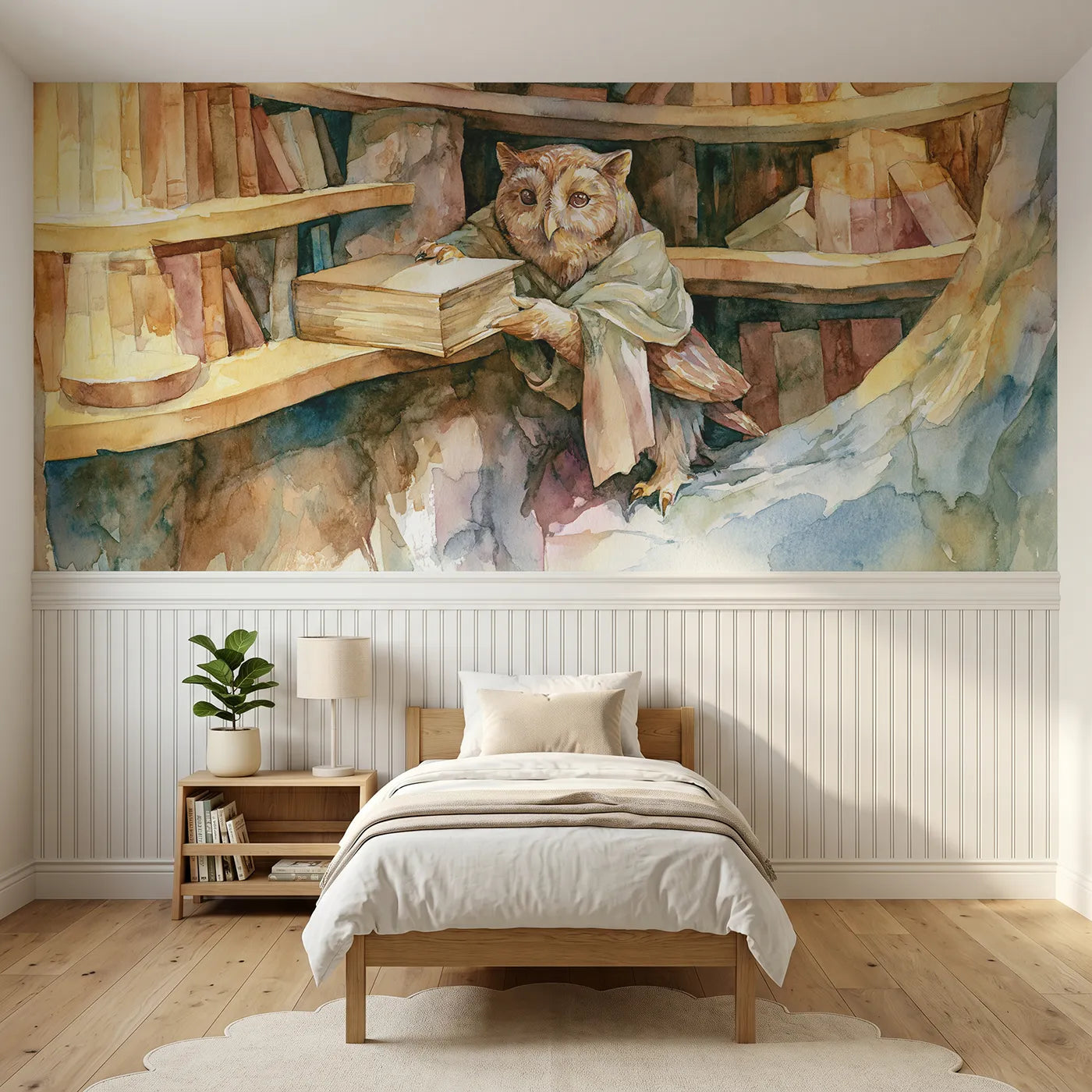 Watercolor wainscoting wallpaper of the owl librarian by Whimsy Tots