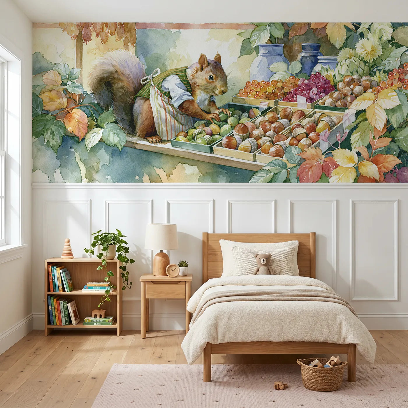 Watercolor wainscoting wallpaper of the squirrel greengrocer by Whimsy Tots