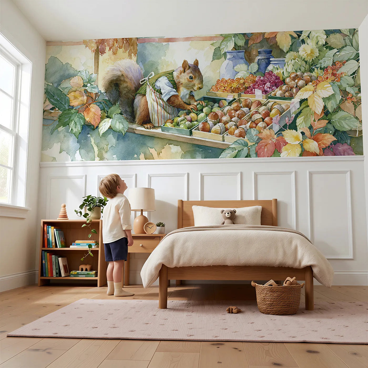 Child reading near The Squirrel Greengrocer Wainscoting Wallpaper by Whimsy Tots