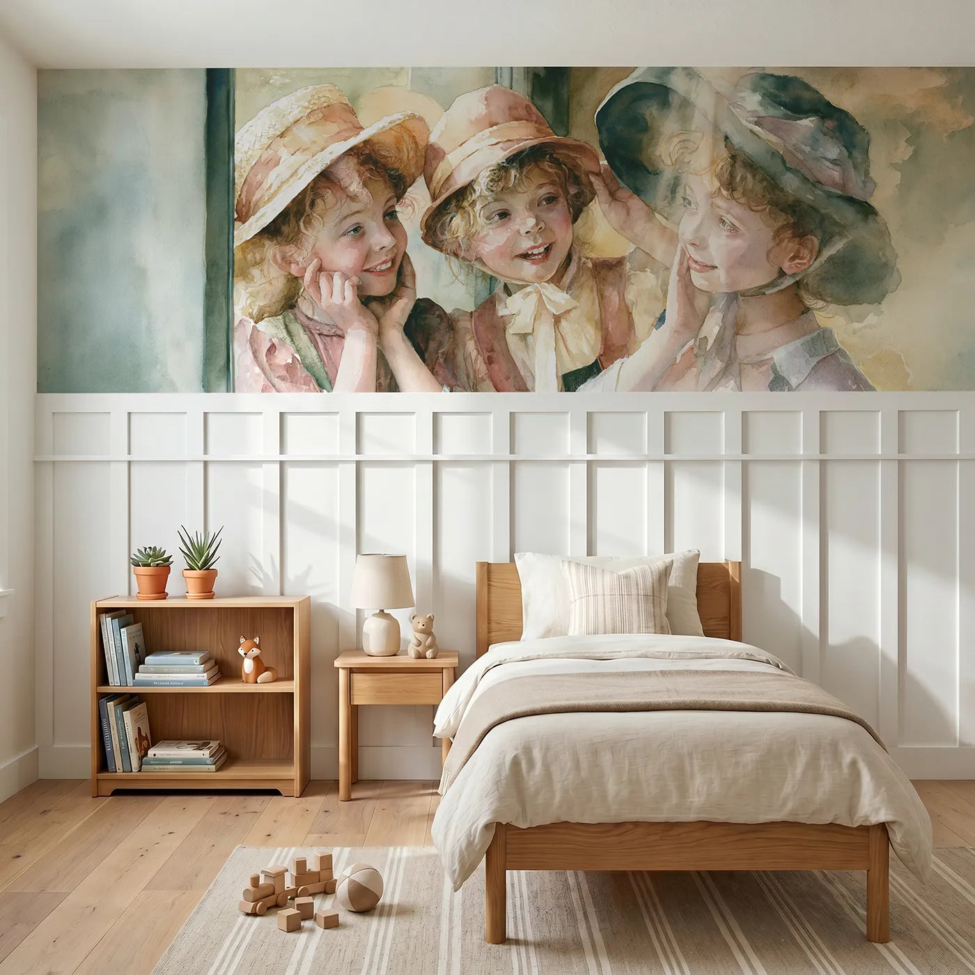 Watercolor wainscoting wallpaper of the hat shop by Whimsy Tots