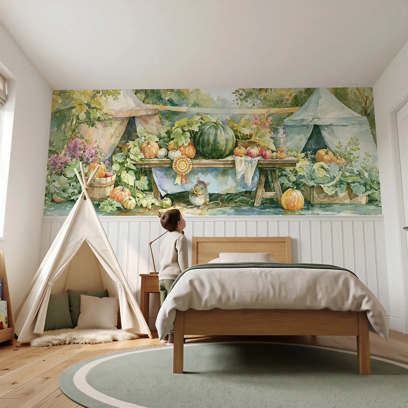 Child reading near The Prize Marrow Wainscoting Wallpaper by Whimsy Tots