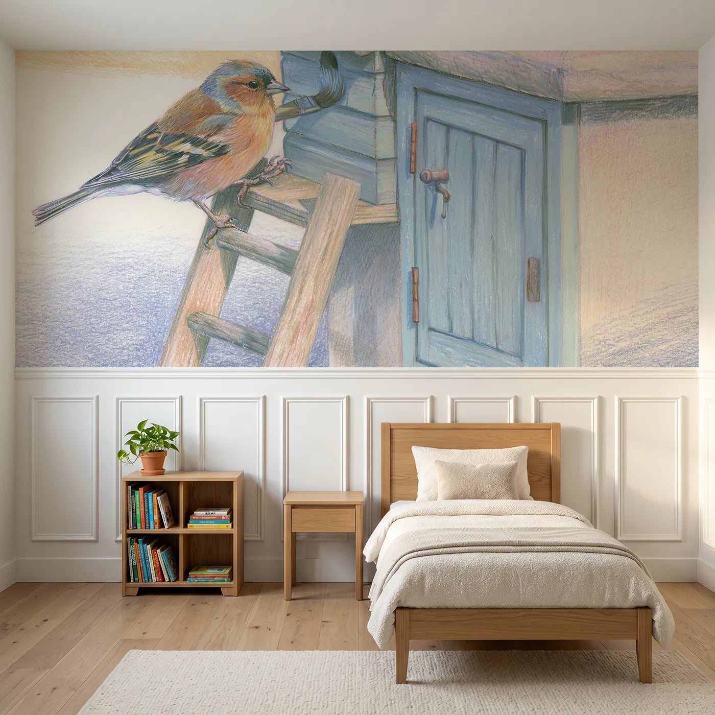Colored pencil wainscoting wallpaper of the chaffinch painter by Whimsy Tots