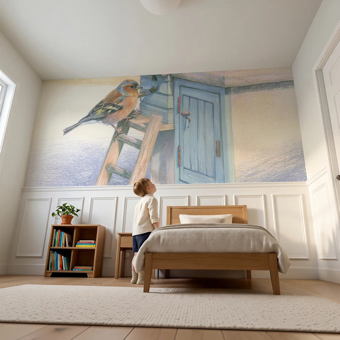 Child reading near The Chaffinch Painter Wainscoting Wallpaper by Whimsy Tots