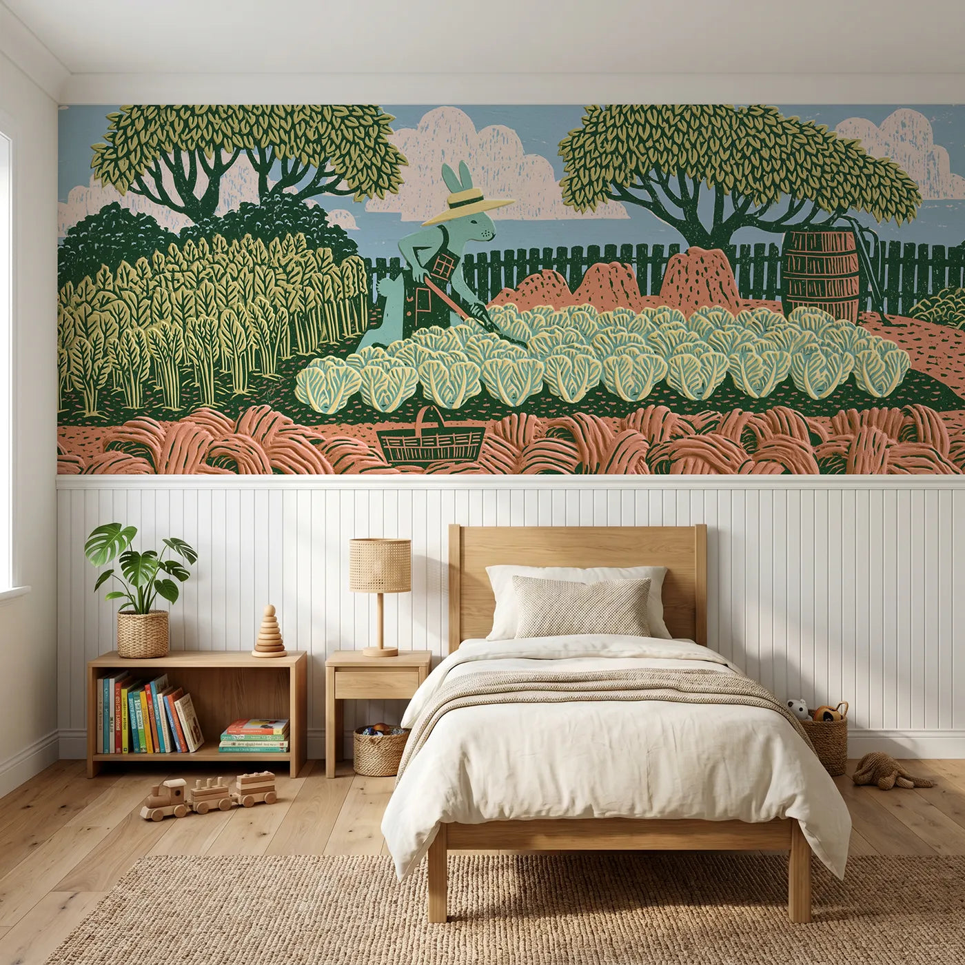 Block print wainscoting wallpaper of the hare gardener by Whimsy Tots