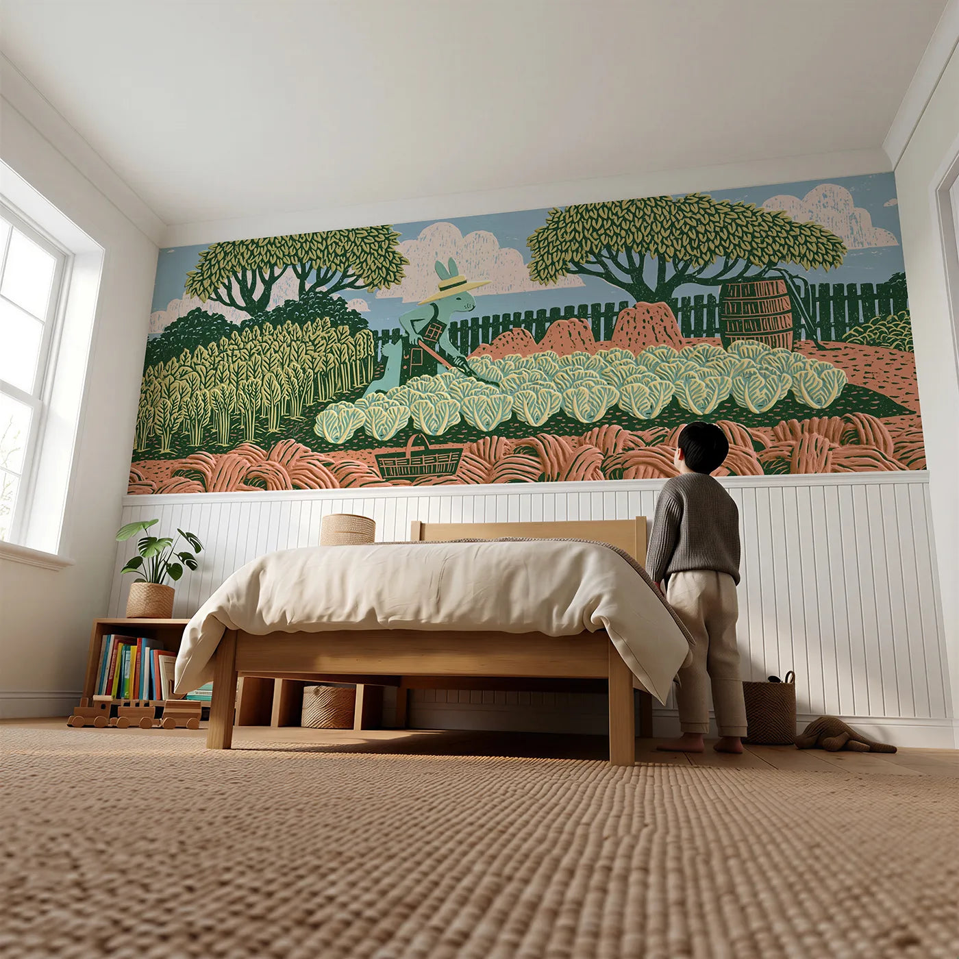 Child reading near The Hare Gardener Wainscoting Wallpaper by Whimsy Tots