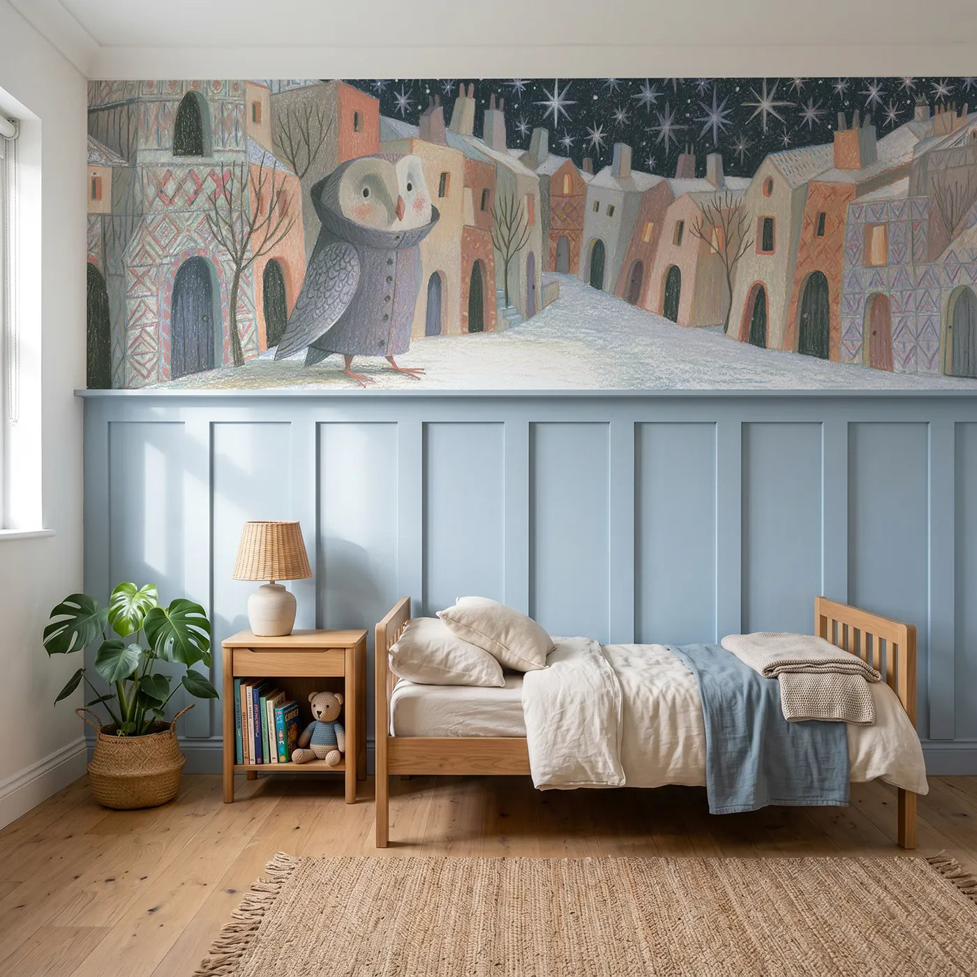 Colored pencil wainscoting wallpaper of the owl night watchman by Whimsy Tots