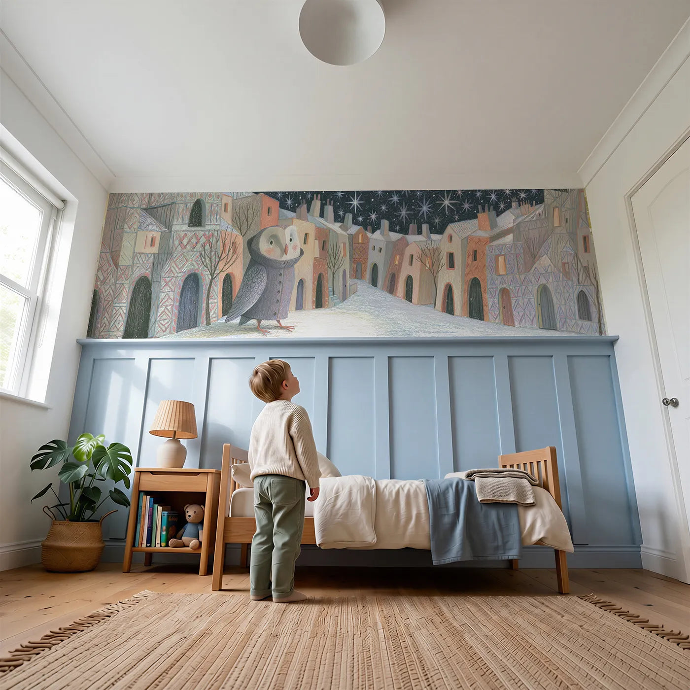 Child reading near The Owl Night Watchman Wainscoting Wallpaper by Whimsy Tots