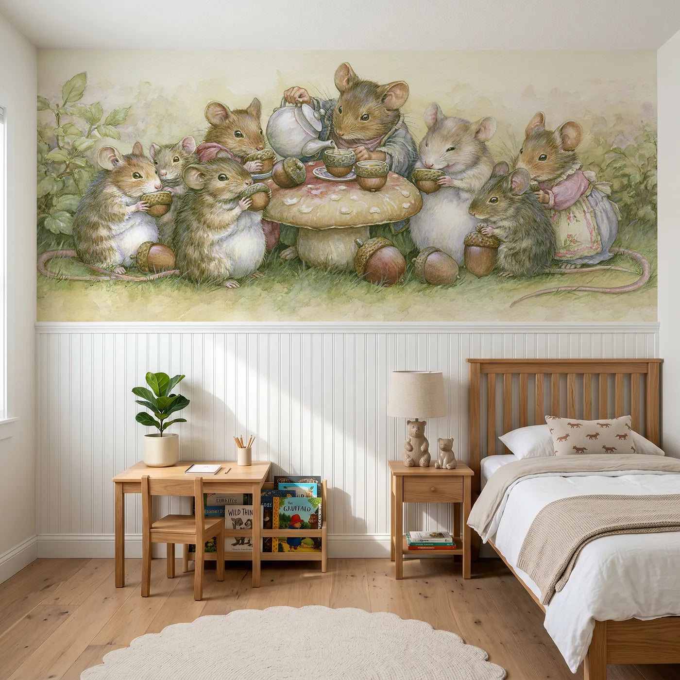 Storybook wainscoting wallpaper of the acorn cap tea party by Whimsy Tots
