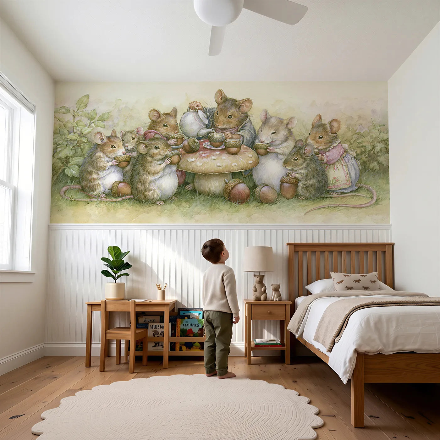 Child reading near The Acorn Cap Tea Party Wainscoting Wallpaper by Whimsy Tots