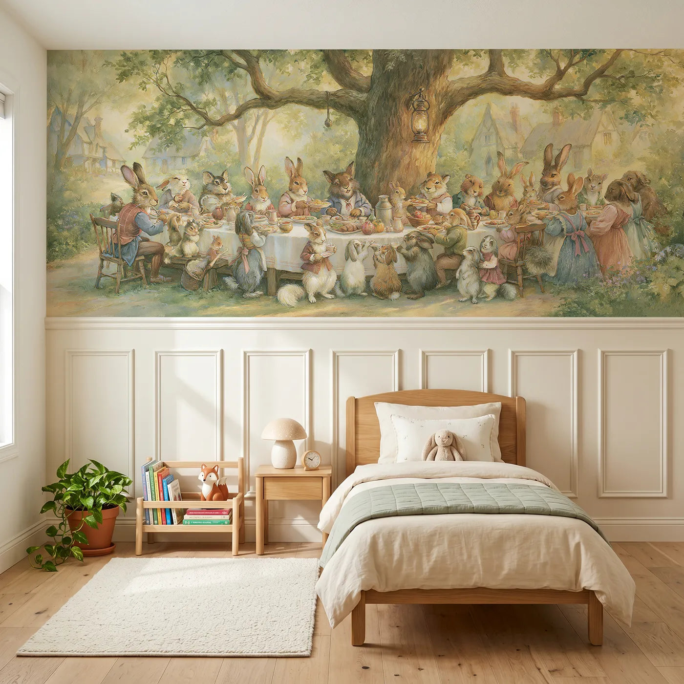 Storybook wainscoting wallpaper of the long table supper by Whimsy Tots