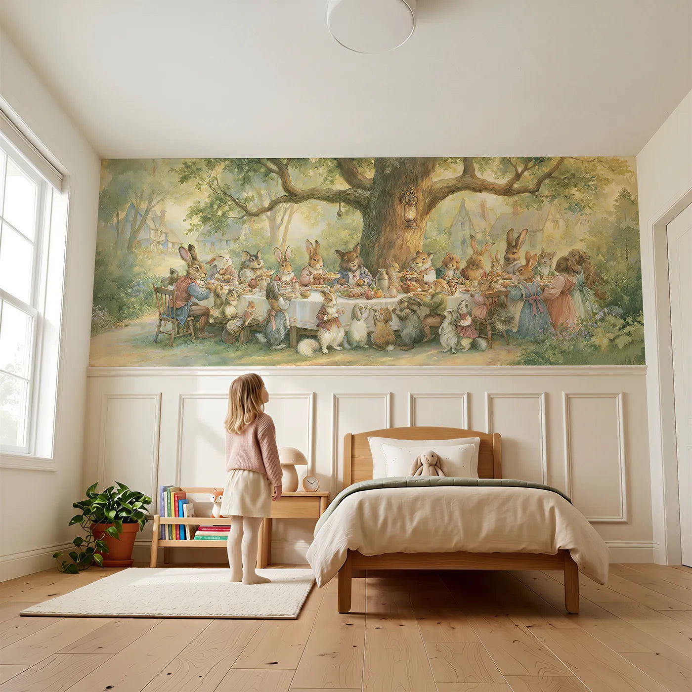 Child reading near The Long Table Supper Wainscoting Wallpaper by Whimsy Tots