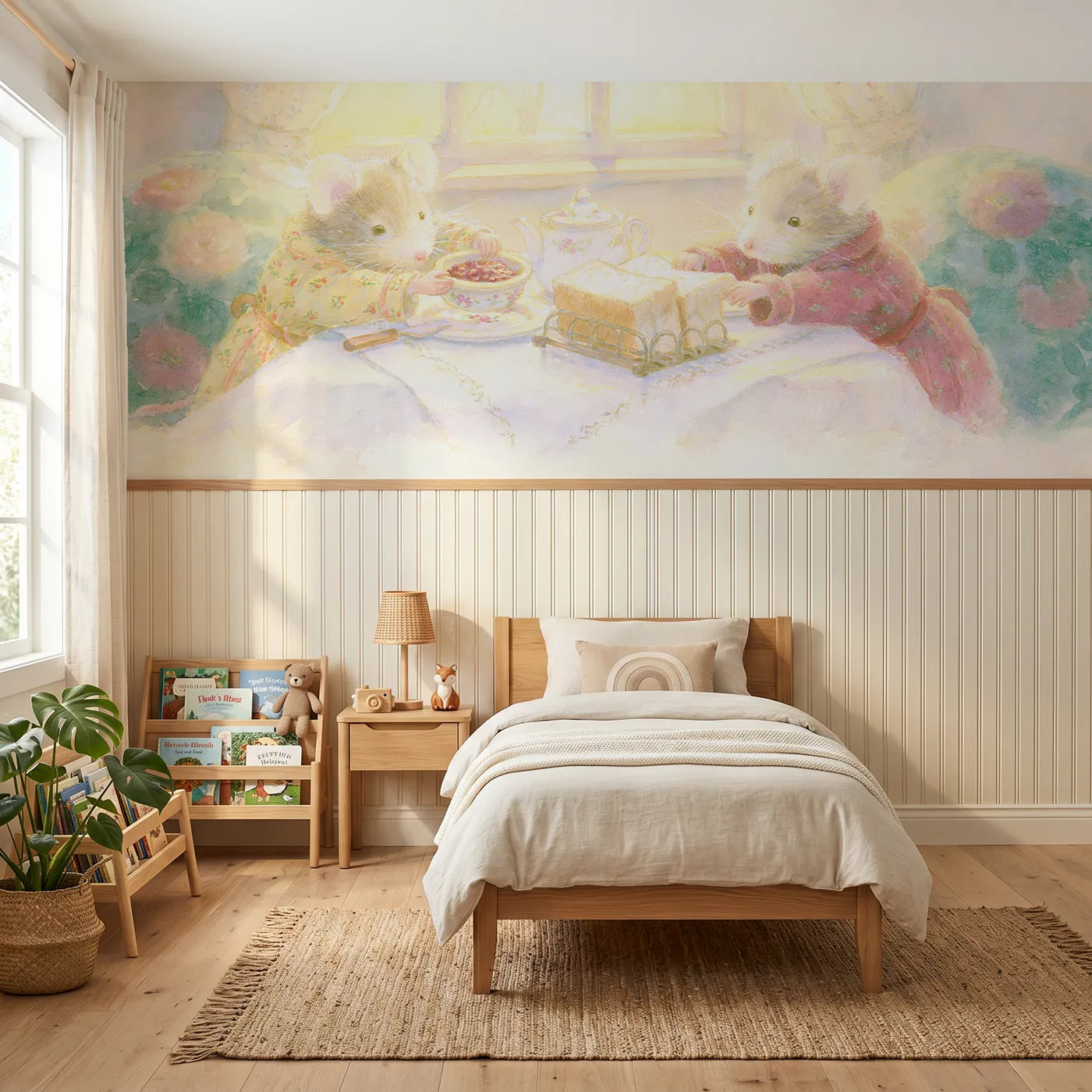Soft pastel wainscoting wallpaper of toast and jam morning by Whimsy Tots
