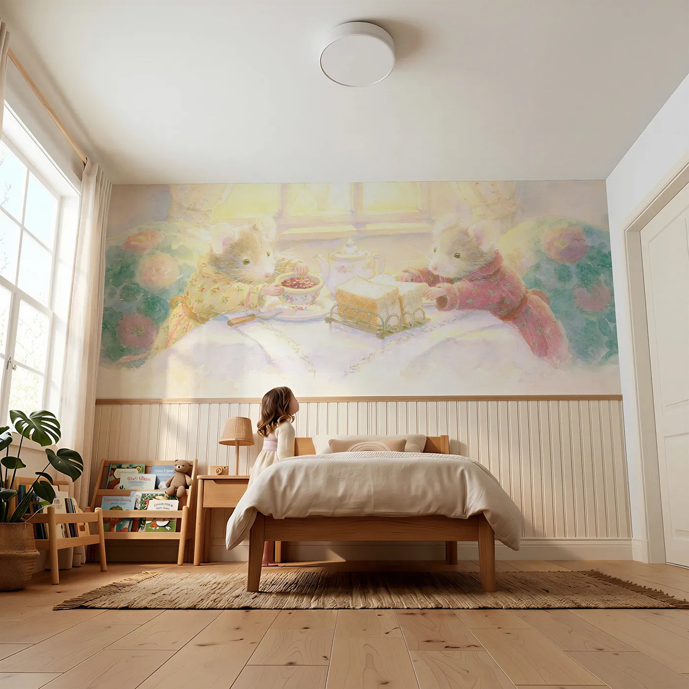 Child reading near Toast And Jam Morning Wainscoting Wallpaper by Whimsy Tots