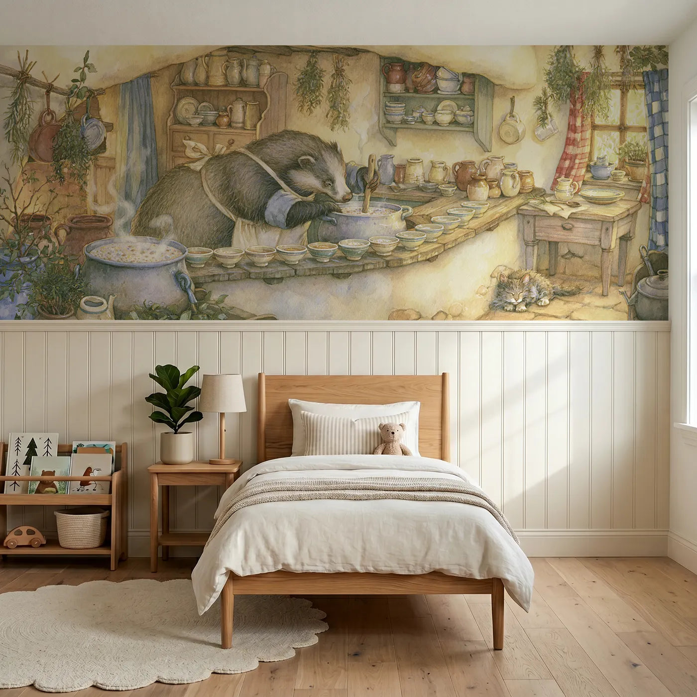 Storybook wainscoting wallpaper of the porridge pot by Whimsy Tots