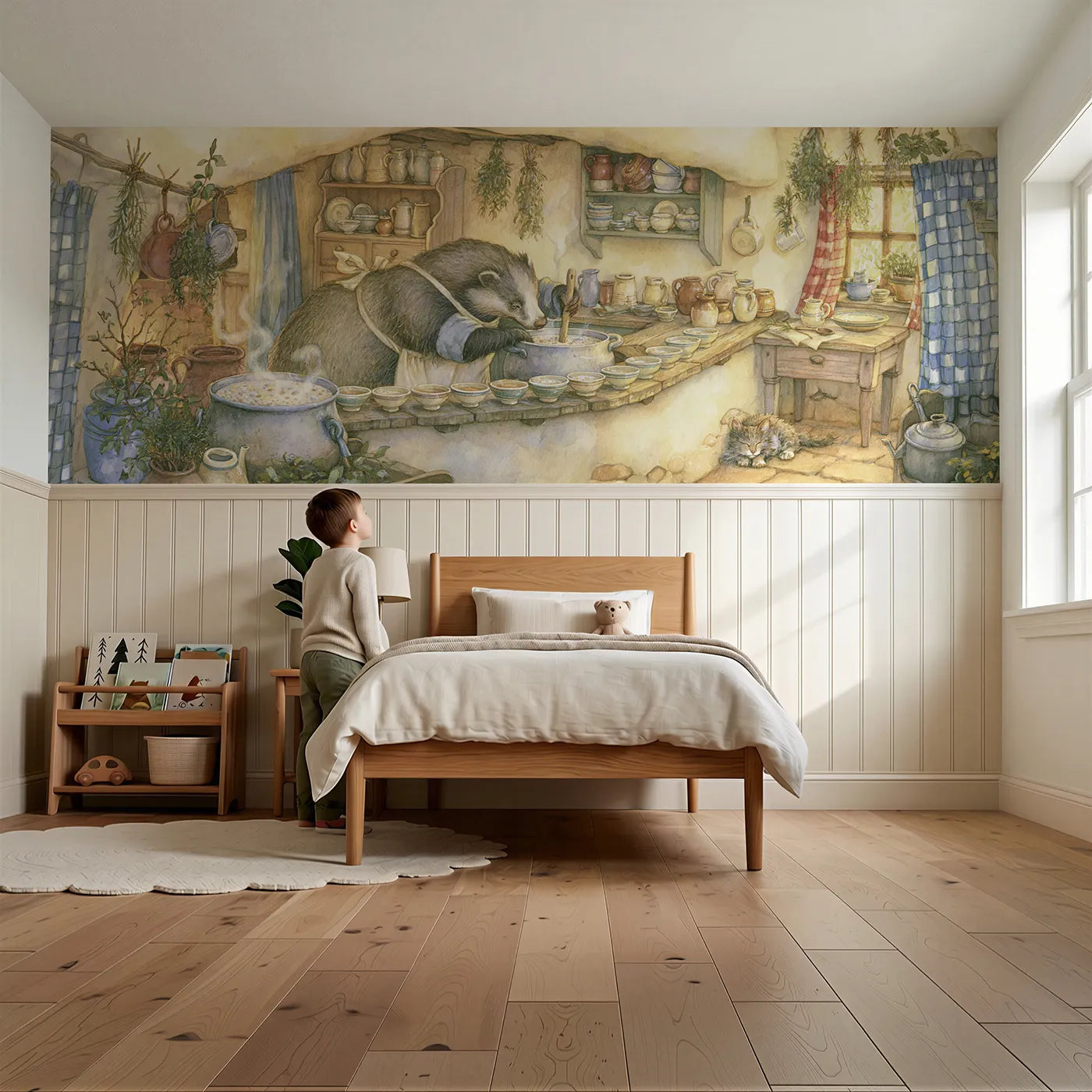 Child reading near The Porridge Pot Wainscoting Wallpaper by Whimsy Tots