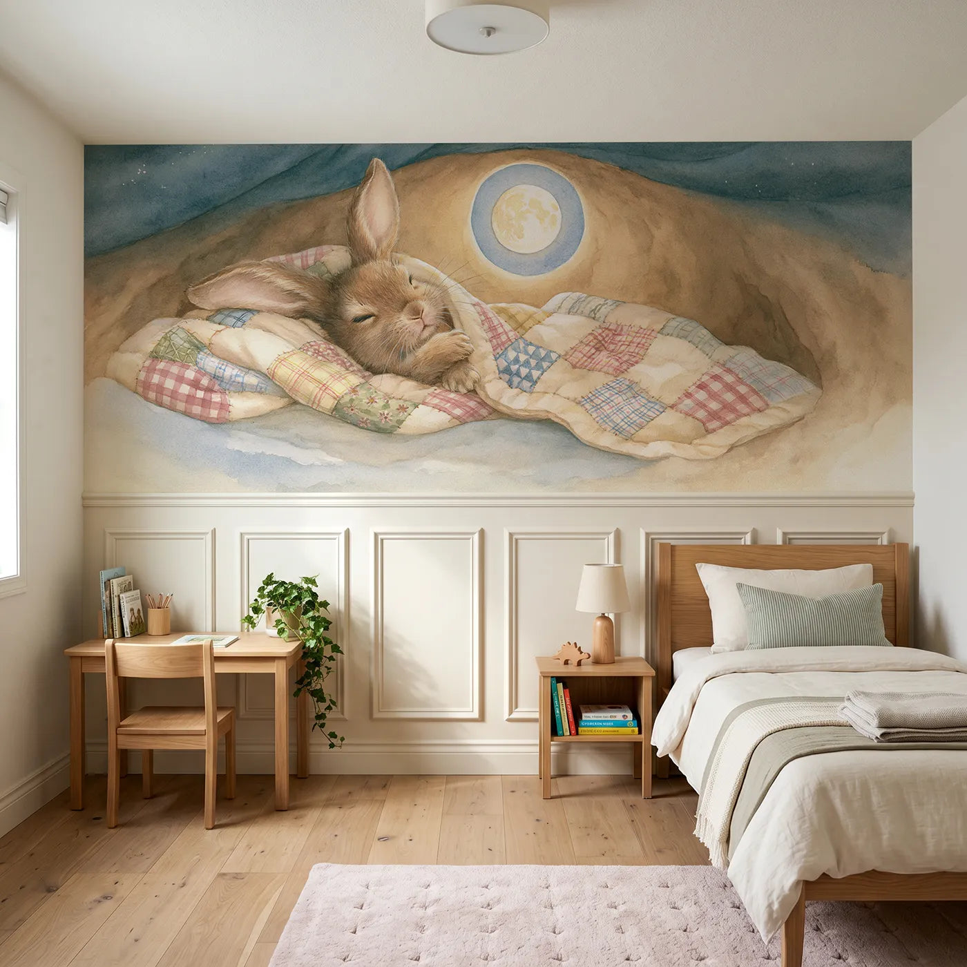 Soft pastel wainscoting wallpaper of bedtime in the burrow by Whimsy Tots