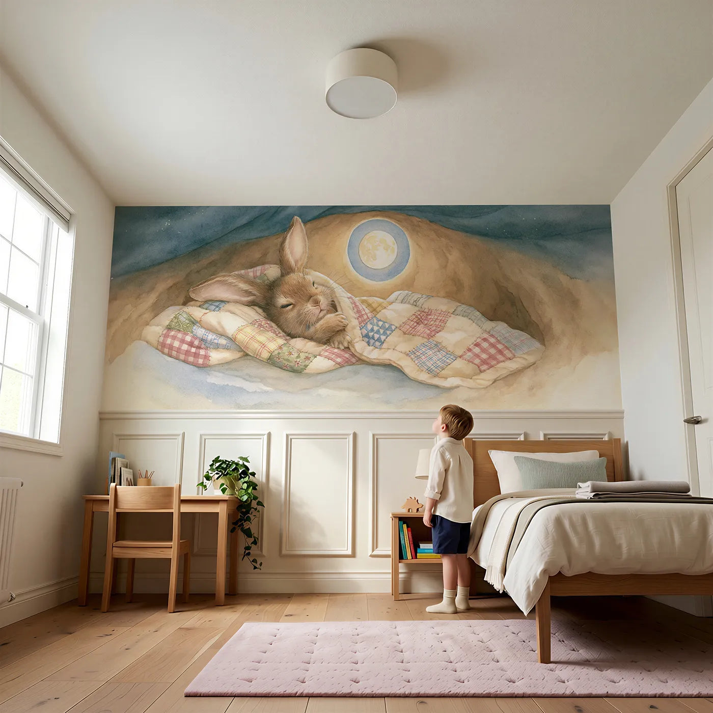 Child reading near Bedtime In The Burrow Wainscoting Wallpaper by Whimsy Tots