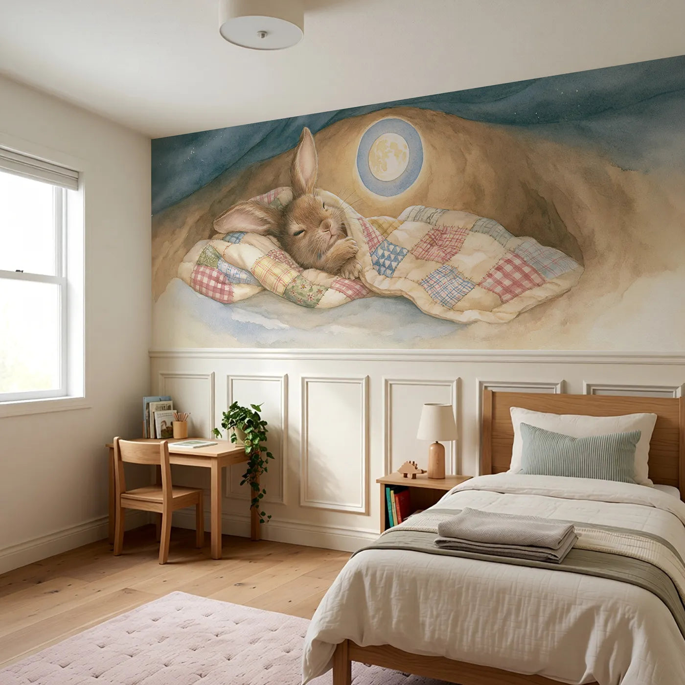 Bedtime In The Burrow Wainscoting Wallpaper styled in a kids room by Whimsy Tots