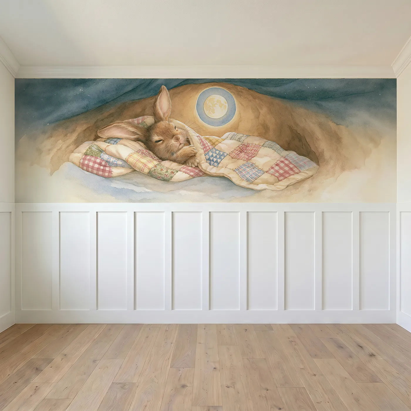 Full panel view of Bedtime In The Burrow Wainscoting Wallpaper by Whimsy Tots